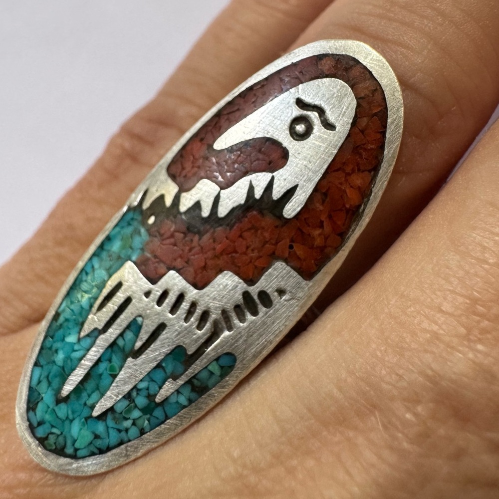 Southwestern long Sterling Silver Turquoise Coral Chip Native American Bird Ring